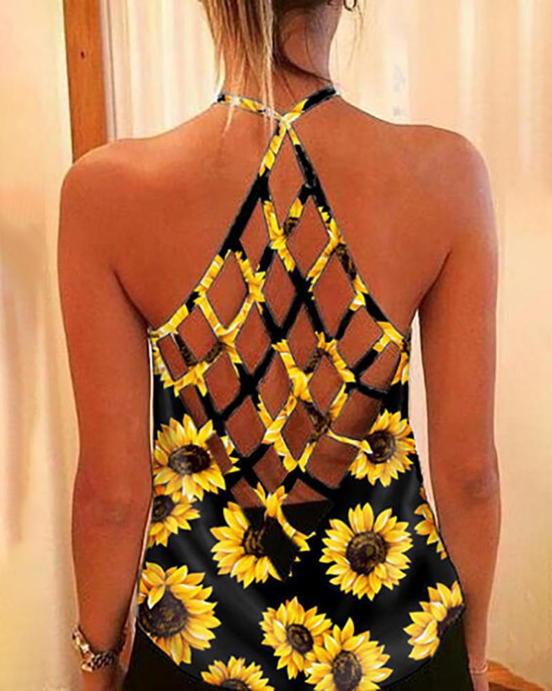 

Sunflower Halter Backless Casual Tank Top, Yellow