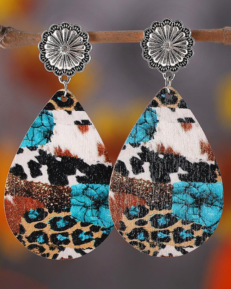 

1Pair Retro Cheetah Animal Turquoise Pattern Waterdrop Earrings, Blue
