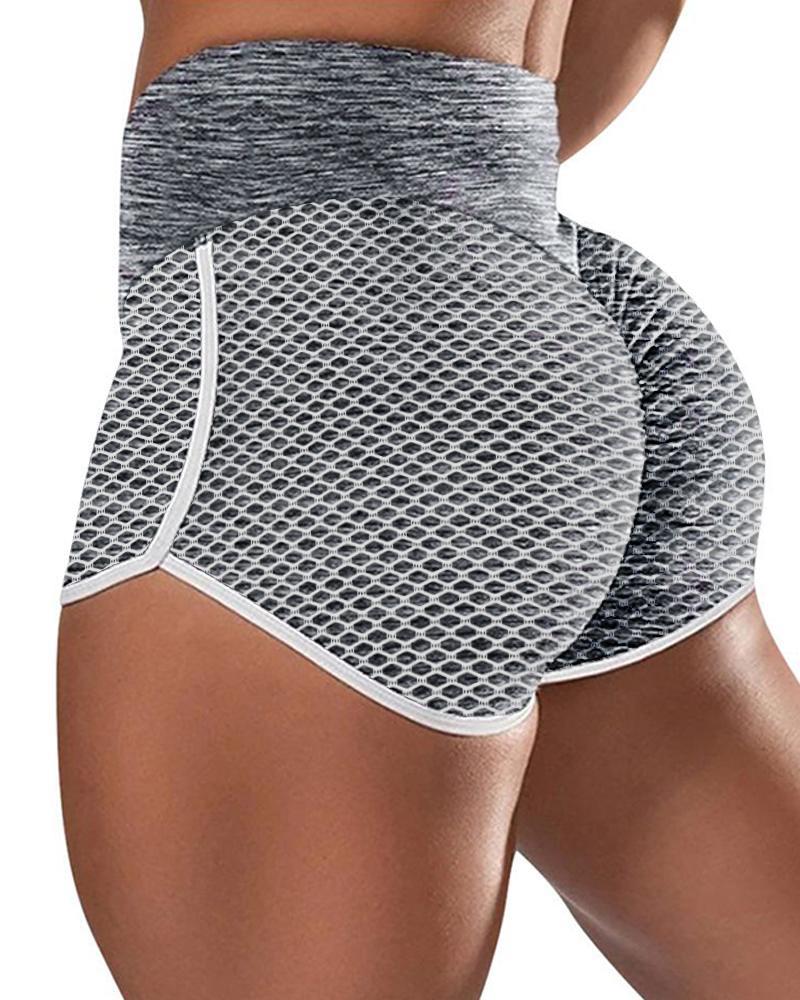 

High Waist Contrast Binding Scrunch Butt Lifting Tummy Control Honeycomb Yoga Shorts, Gray