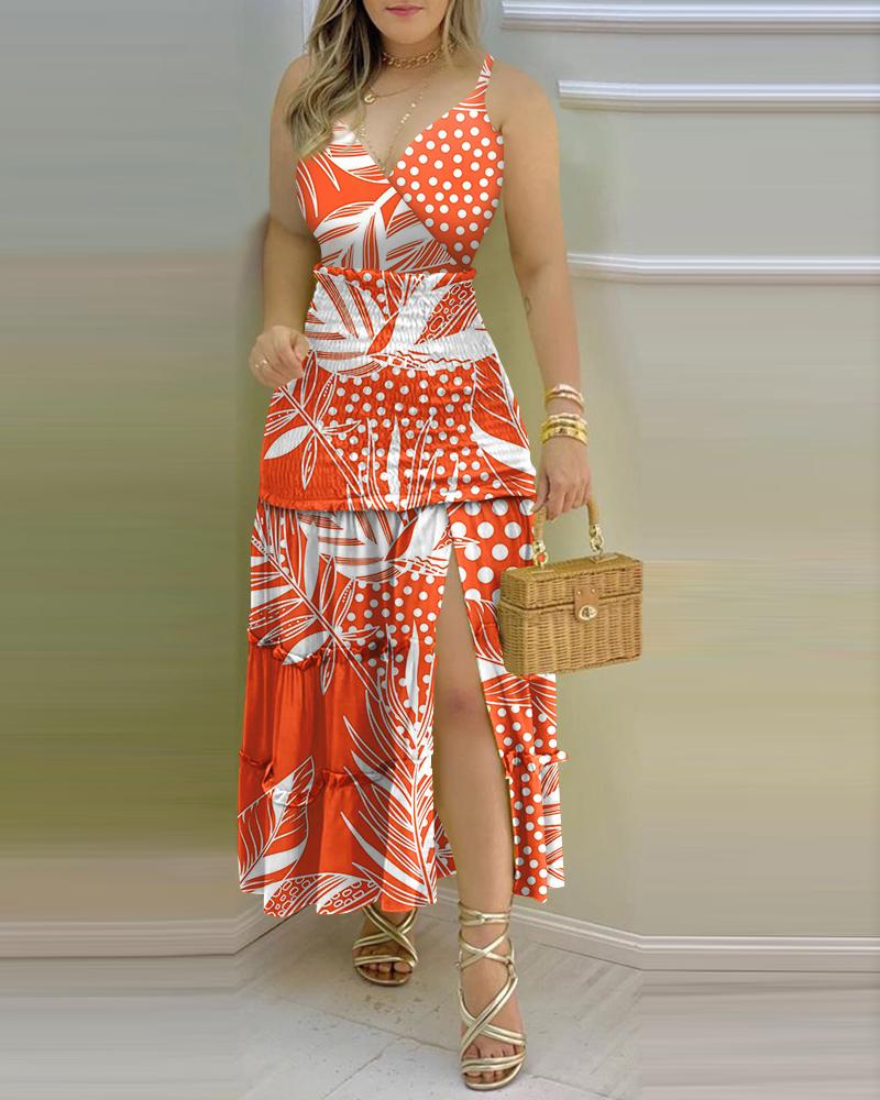 

Tropical Polkadot Print Shirring Detail Slit Maxi Dress, Orange