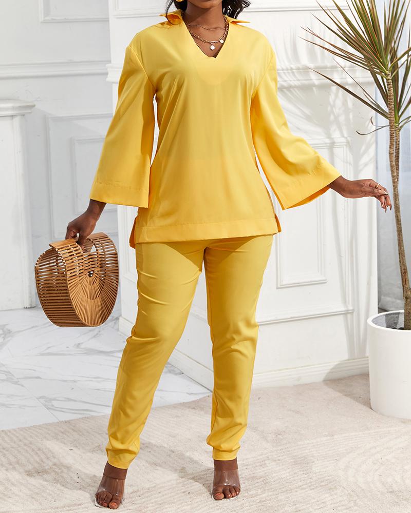 

Bell Sleeve V-Neck Casual Top & Pants Set, Yellow