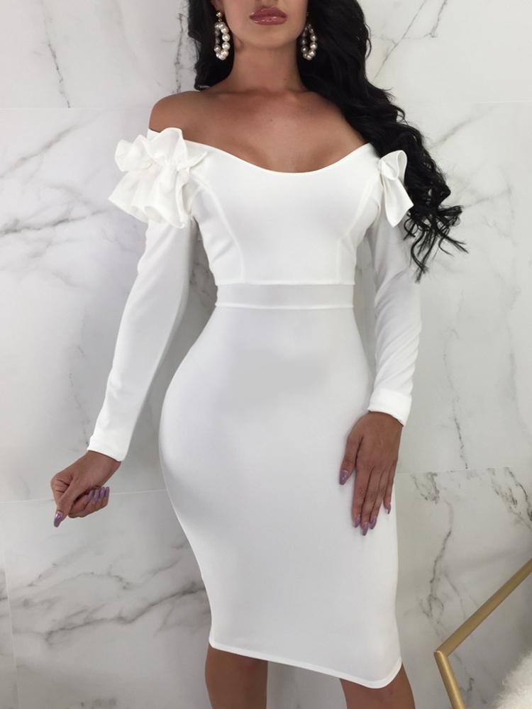 Solid Frill Design Off Shoulder Bodycon Dress