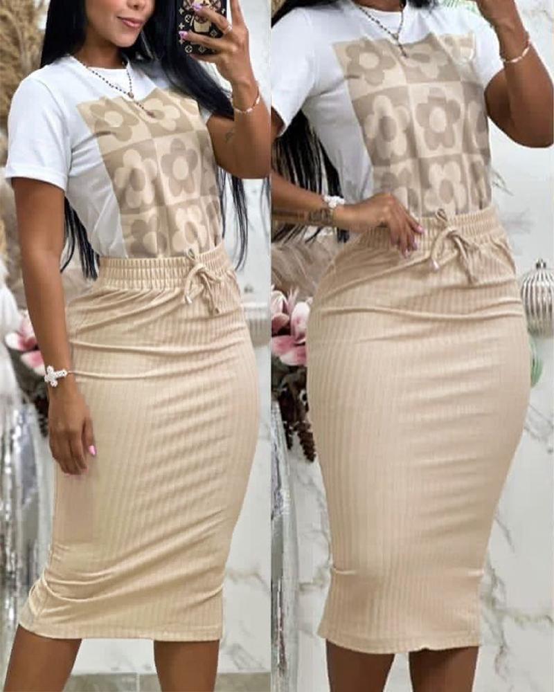 

Floral Graphic Print Top & Drawstring Slit Skirt Set, Apricot