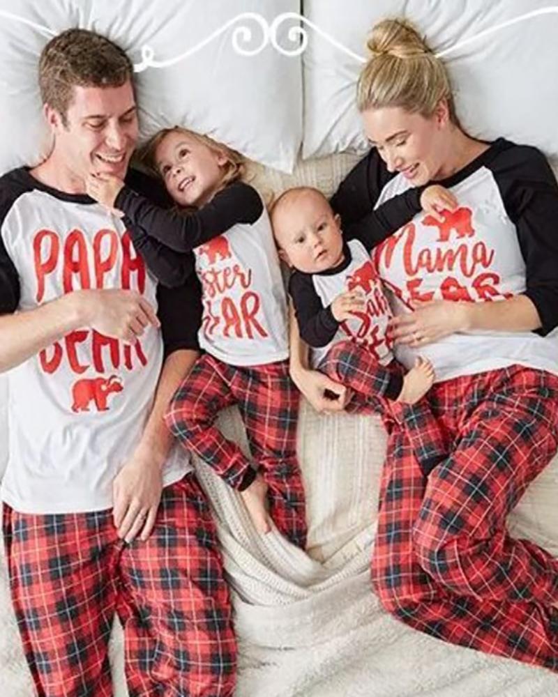 

Letter Print Long Sleeve Top & Plaid Pants Set For Mom, Red