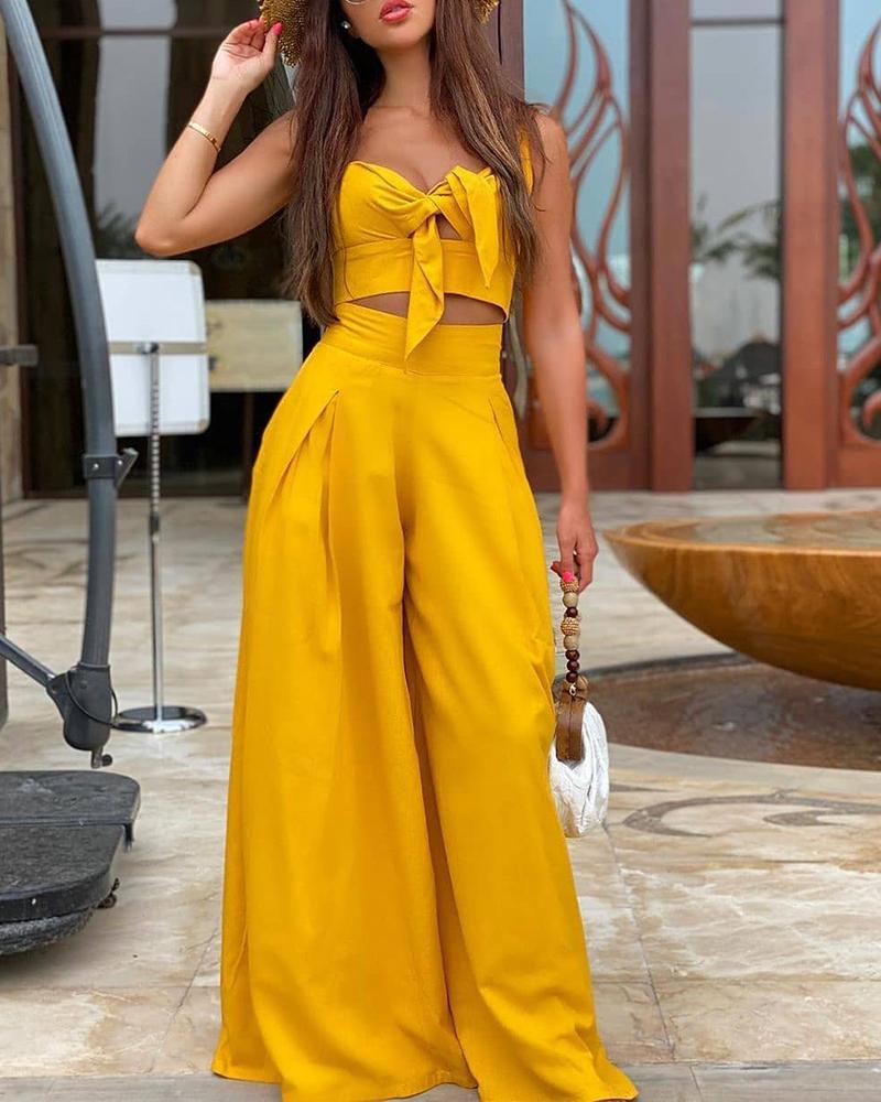 

Knotted Crop Top & High Waist Wide Leg Pants Set, Yellow