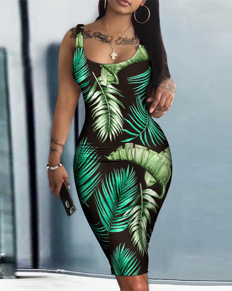 

Tropical Print Sleeveless Bodycon Dress, Black