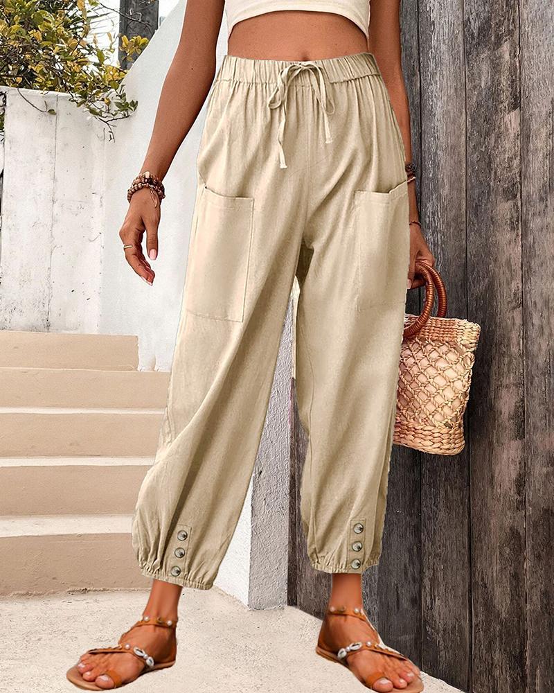 

High Waist Drawstring Cuffed Pants, Khaki