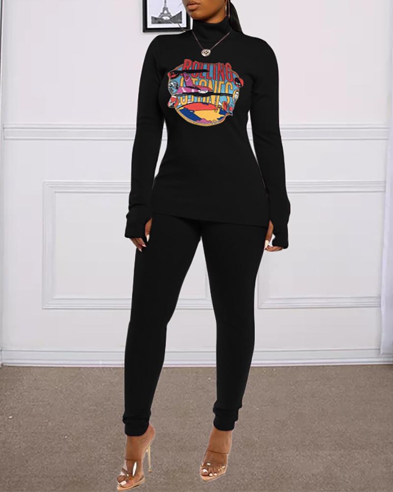 

Letter Cartoon Print Top & Fitted Pants Set, Black