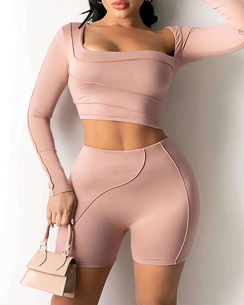 

Contrast Piping High Waist Long Sleeve Active Sets, Pink