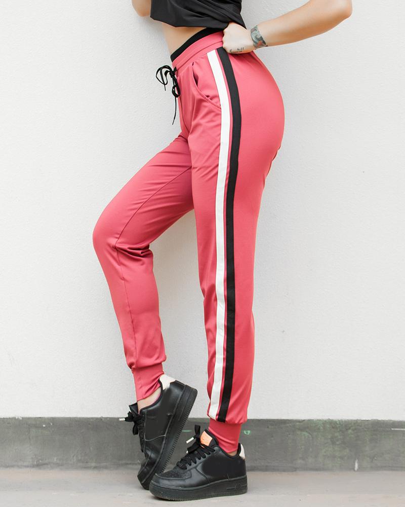 

Striped Colorblock Drawstring Casual Pants, Pink