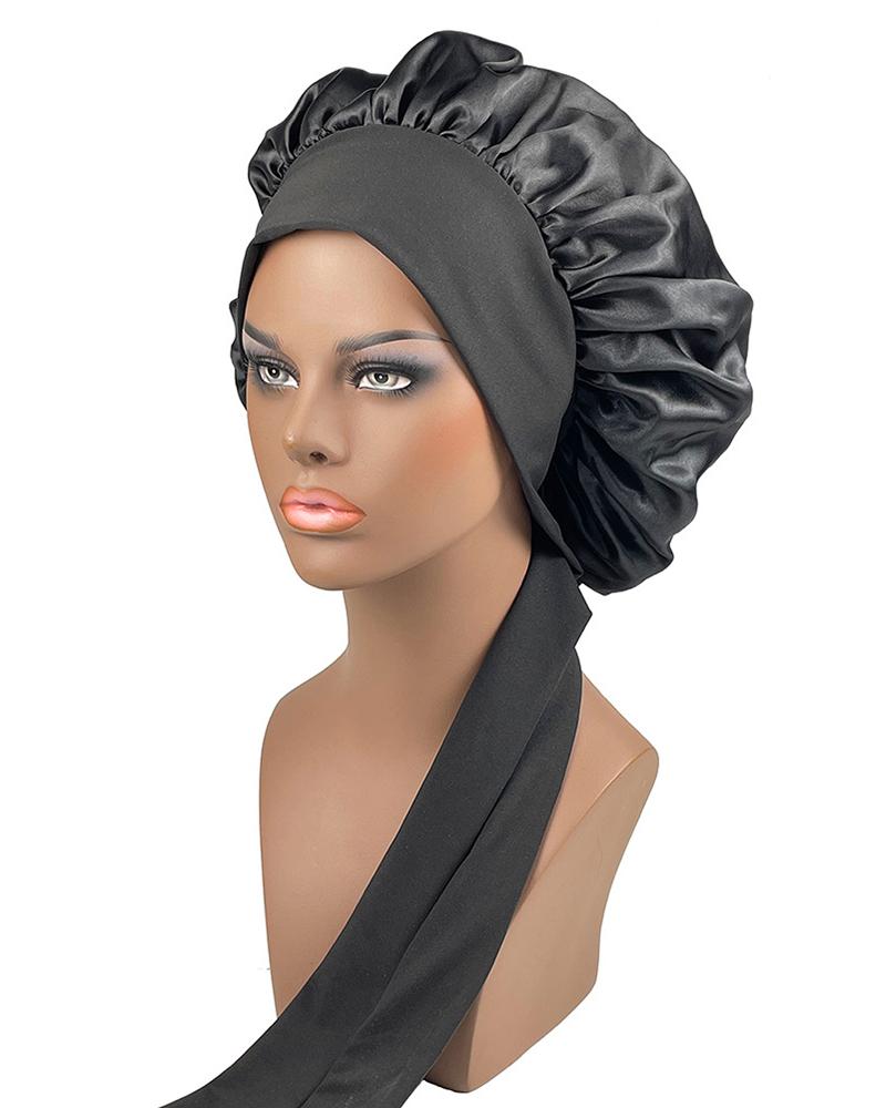 

1pc Night Sleep Cap Tie Band Hair Wrap Satin Bonnet For Curly Hair Care, Black