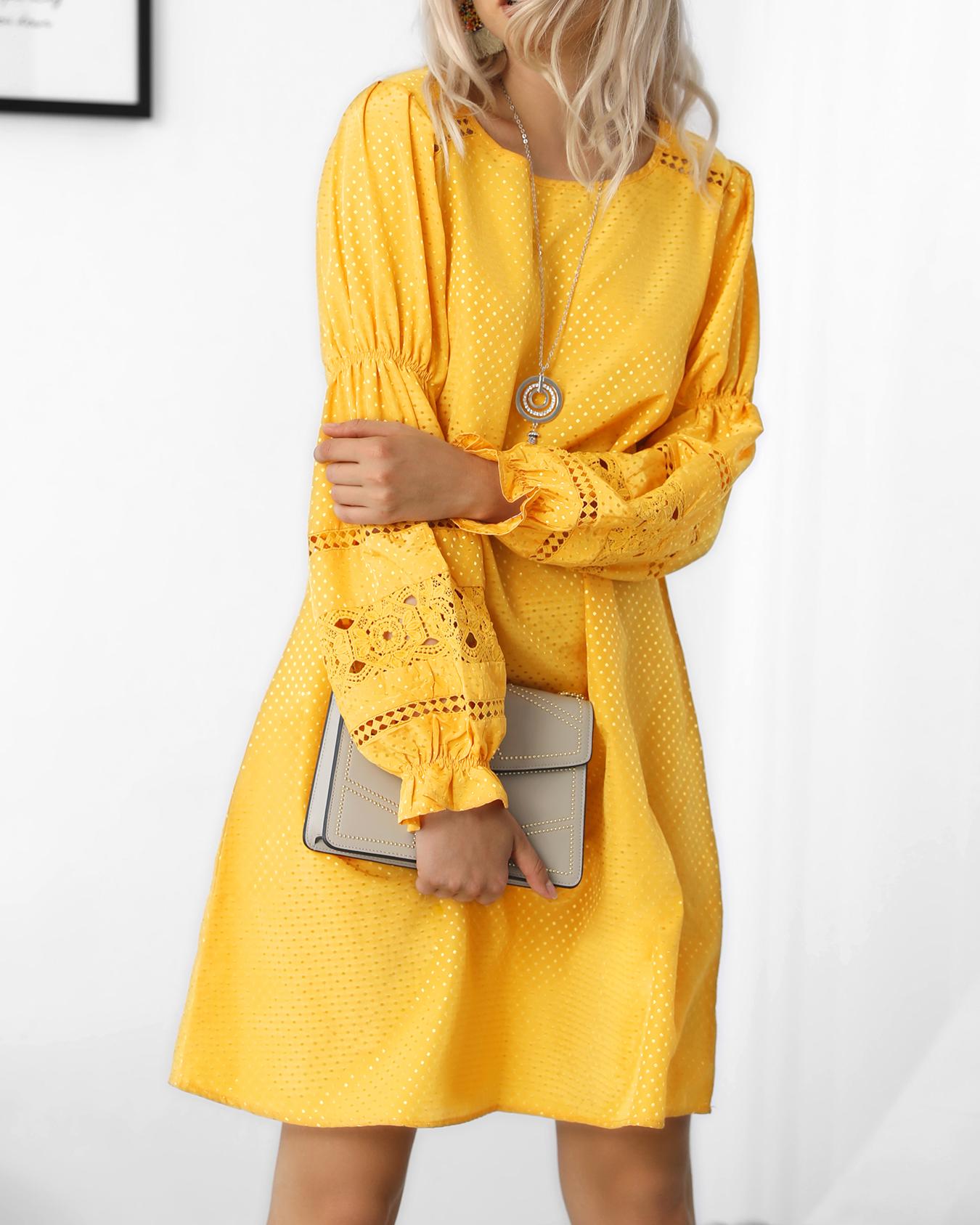 

Ethnic Style Hollow Out Casual Dress, Yellow