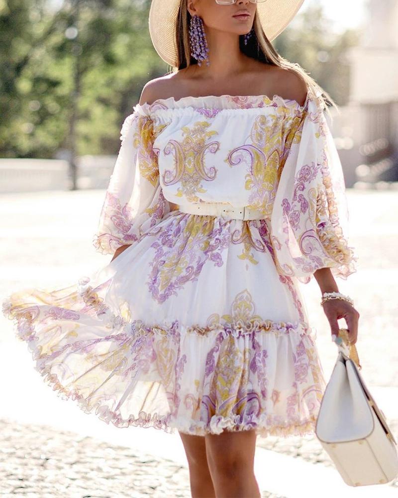 

Baroque Print Off Shoulder Ruffles Dress, Multicolor