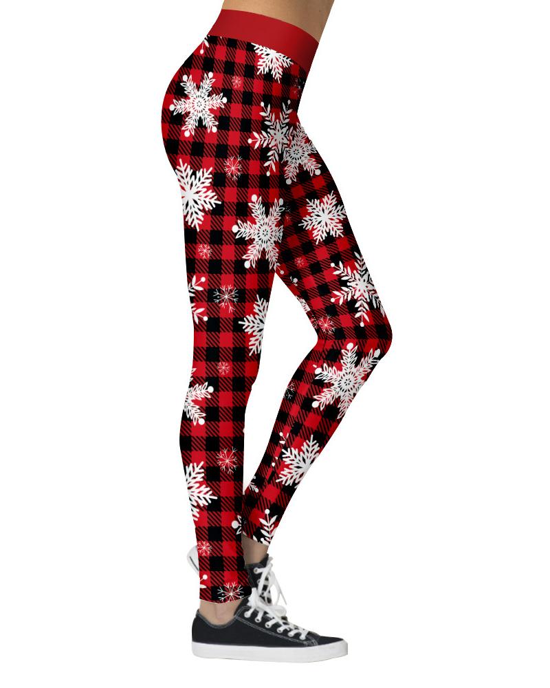 

Christmas Snowflake Plaid Print Leggings, Red