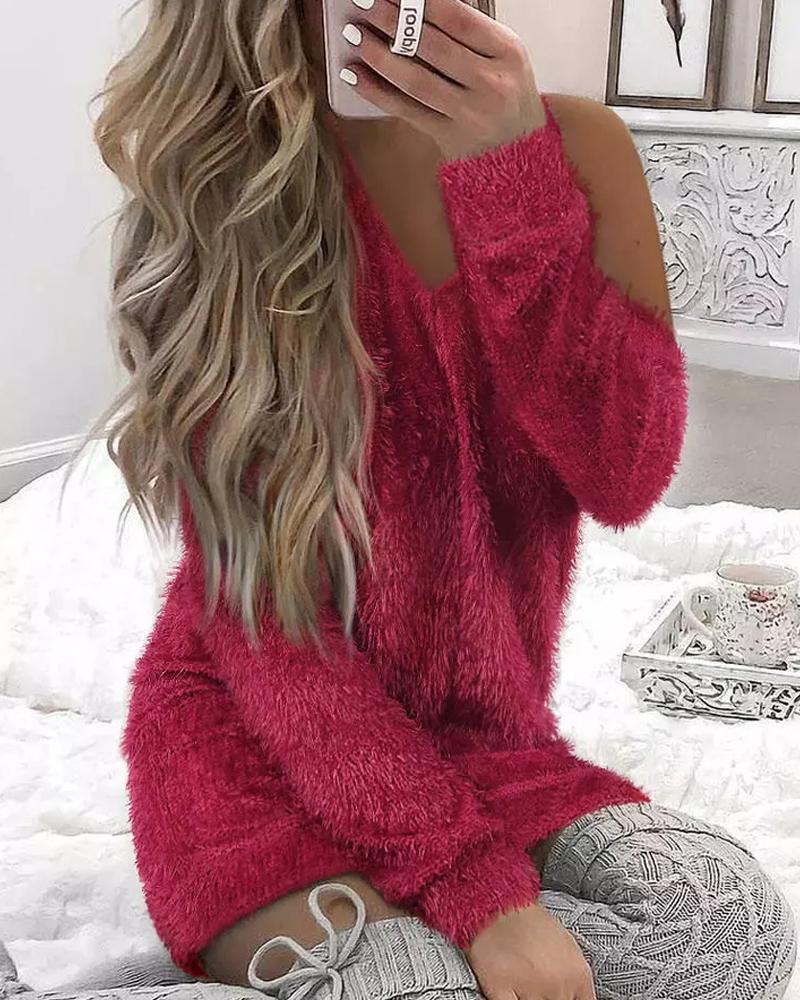 

Fluffy Cold Shoulder Long Sleeve Dress, Red