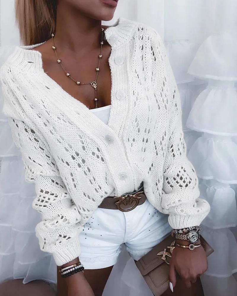 

Hollow Out Logn Sleeve Button Up Cardigan, White
