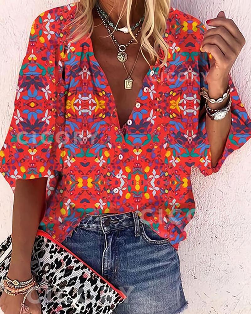 

Floral Print Button Front Shirt, Red