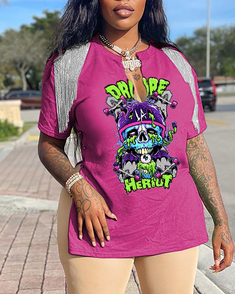 

Side Slit Tassel Cartoon Letter Print T-shirt, Pink