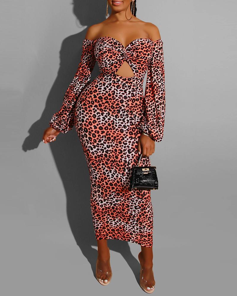 

Off Shoulder Leopard Lantern Sleeve Cut Out Dress, Orange