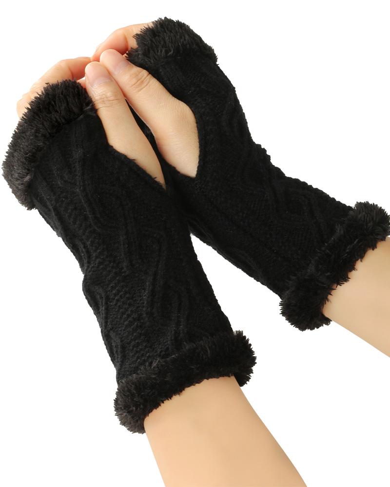 

1Pair Warm Fleece Lined Knit Fingerless Gloves, Black