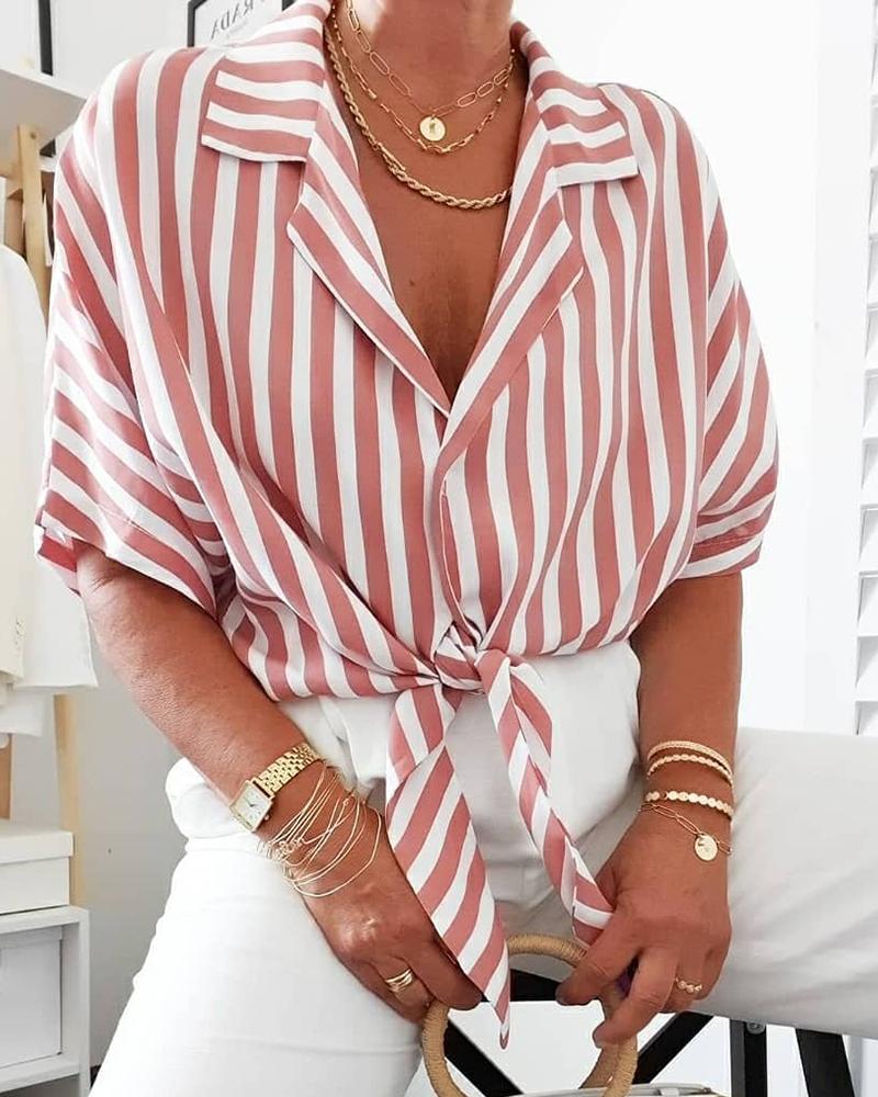 

Tied Detail Striped Button Front Top, Pink