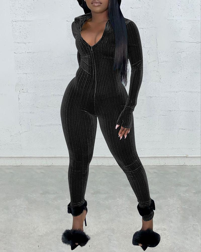 

Velvet Long Sleeve Zipper Design Skinny Jumpsuit, Black