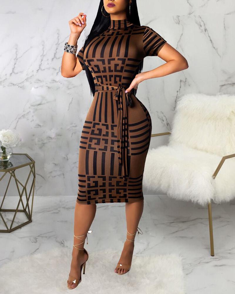 

Geo Print Short Sleeve Belted Bodycon Dress, Brown