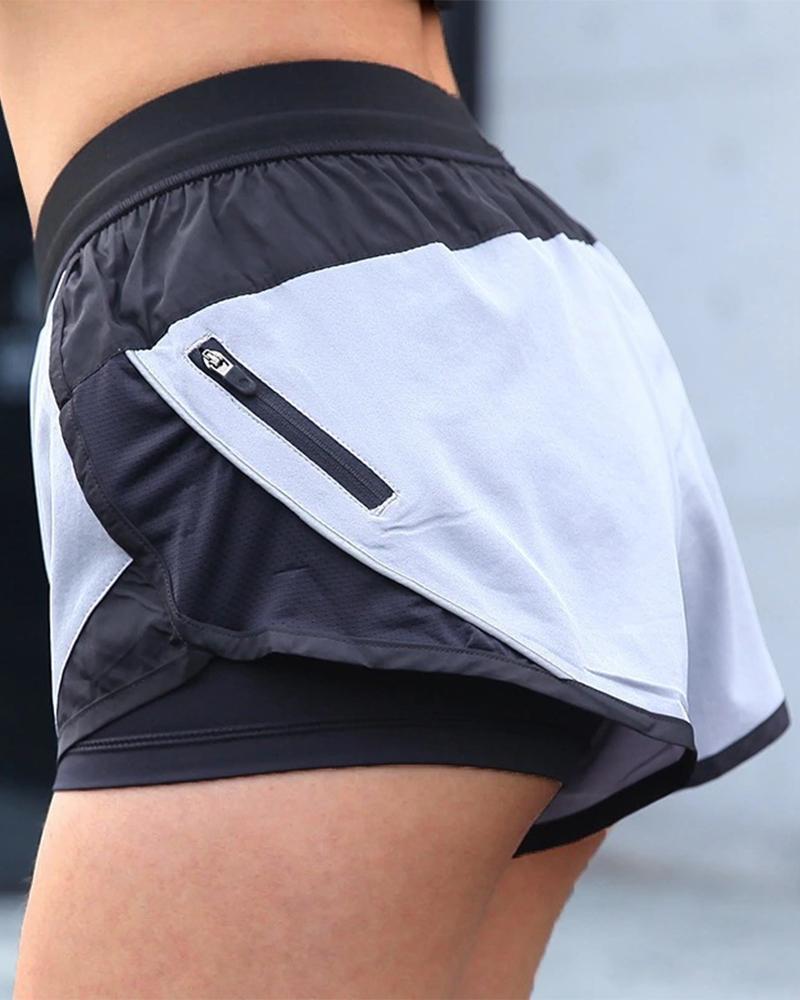 

Casual Patchwork Zipper Active Shorts, White