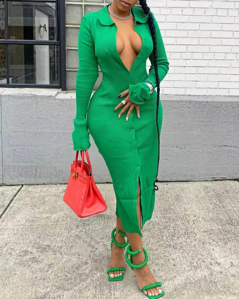 

Bell Sleeve Button Front Ribbed Dress, Green