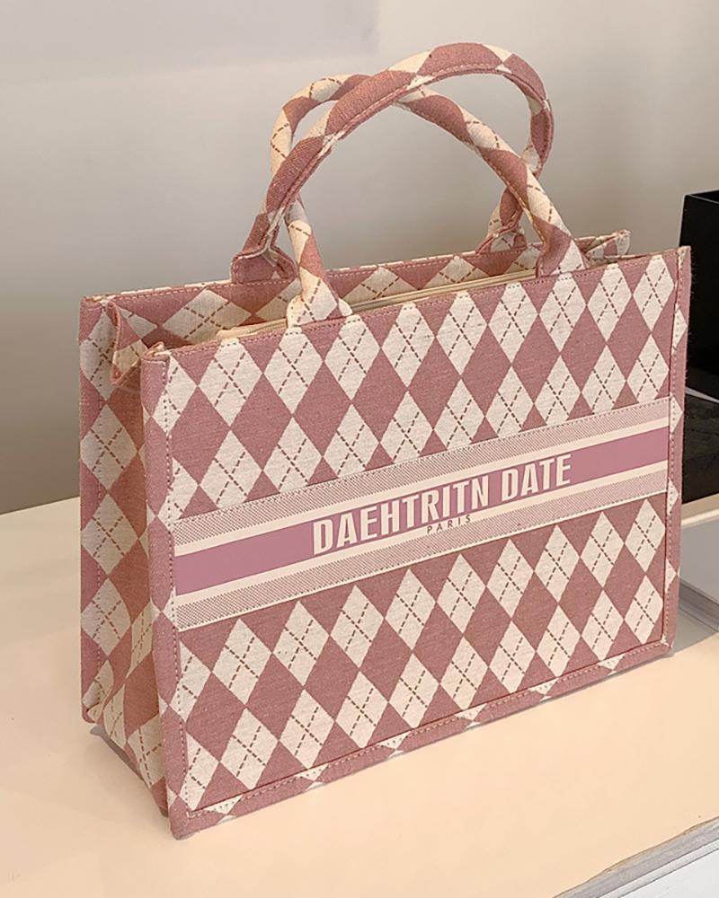

Plaid Letter Print Canvas Tote Bag, Pink