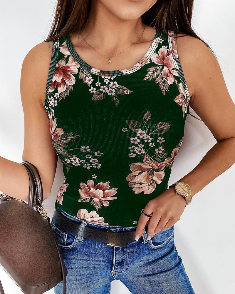 

Floral Print U Neck Skinny Tank, Green