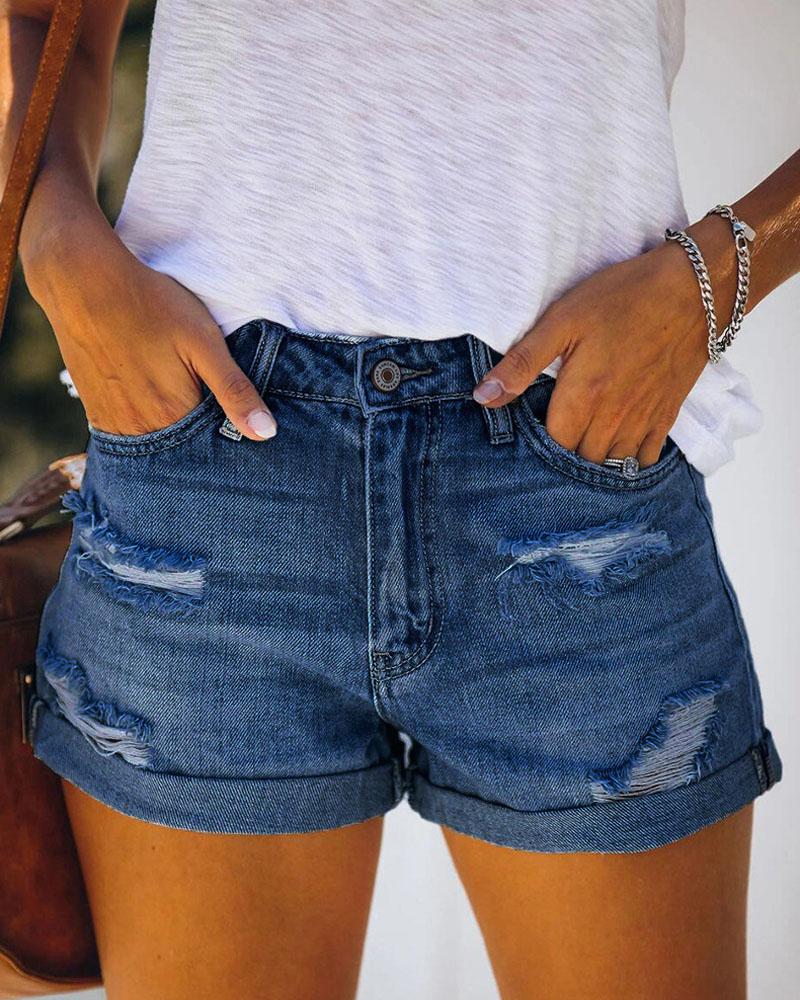 

Zipper Fly Roll Hem Ripped Denim Shorts, Blue