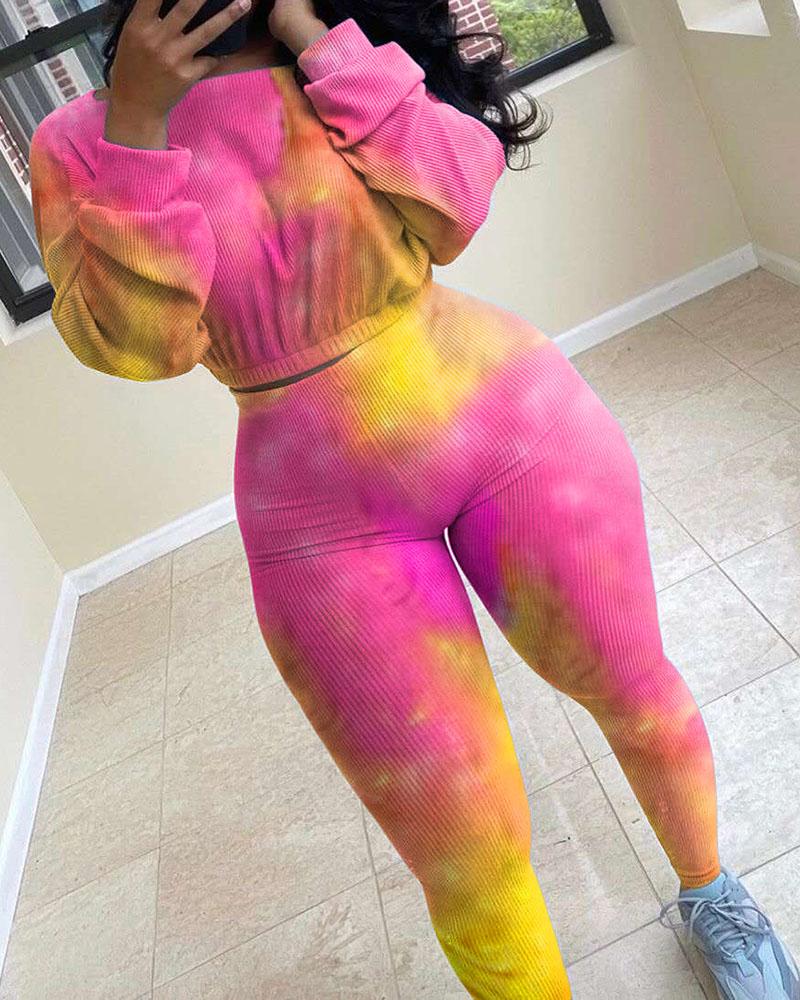 

Tie Dye Print Long Sleeve Top & Pants Set, Hot pink