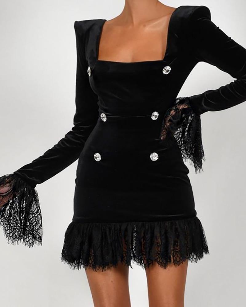 

Eyelash Lace Button Decor Bodycon Dress, Black