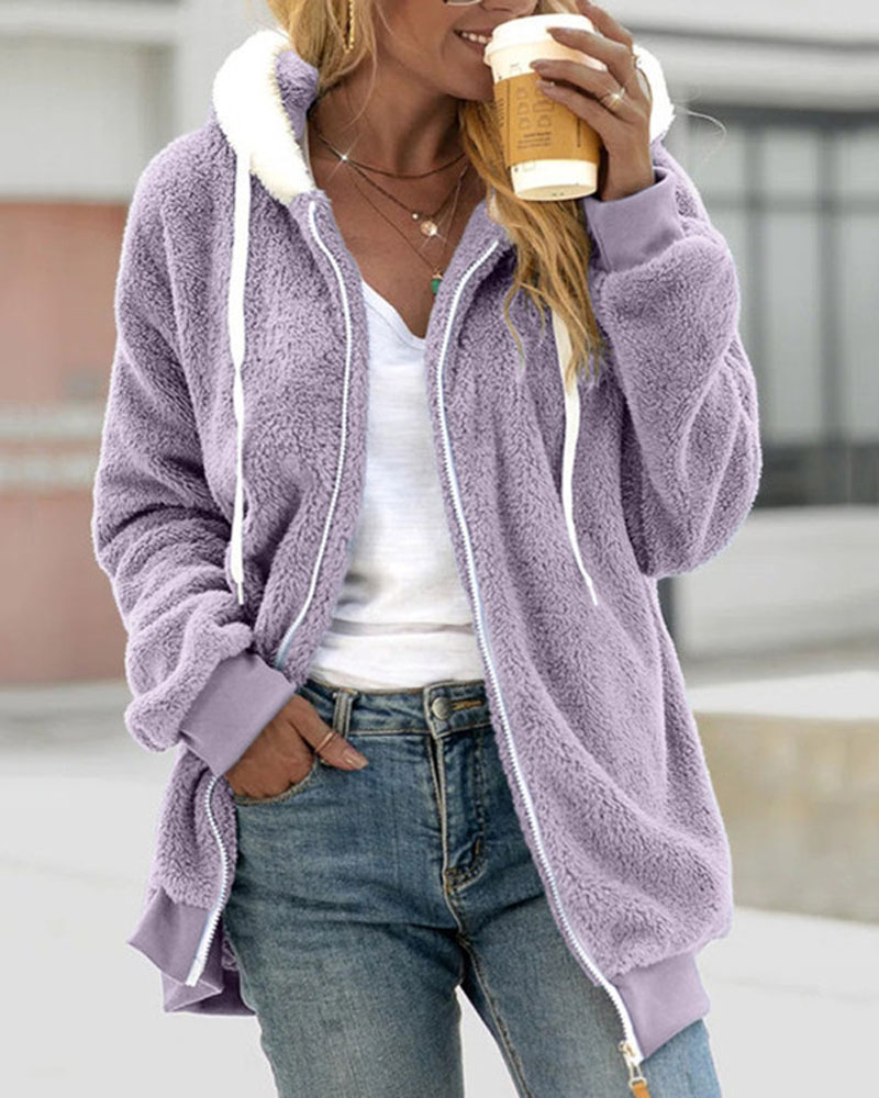 

Long Sleeve Fuzzy Trim Hooded Teddy Coat, Purple
