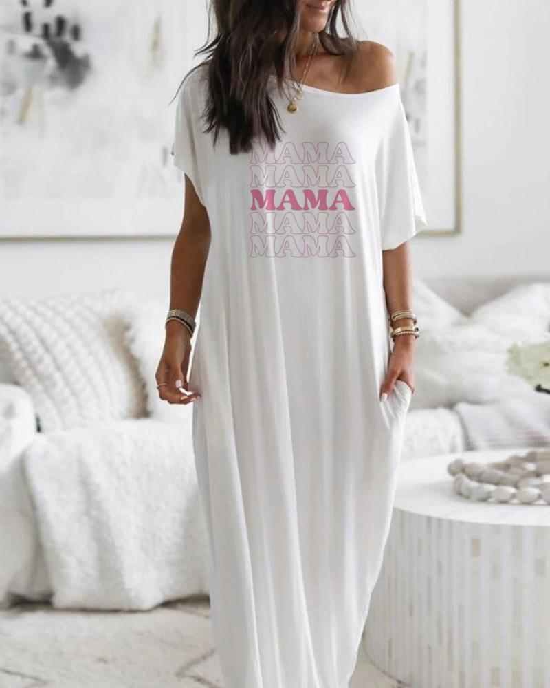 

Mother' Day Letter Print Pocket Design Casual Dress, White
