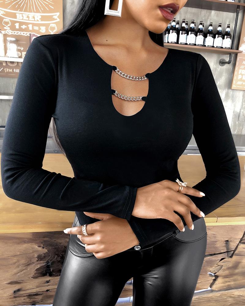 

Plain Chain Decor Long Sleeve Top, Black