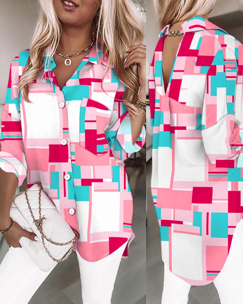 

Geometric Print Chain Link V-Back Buttoned Casual Shirt, Multicolor