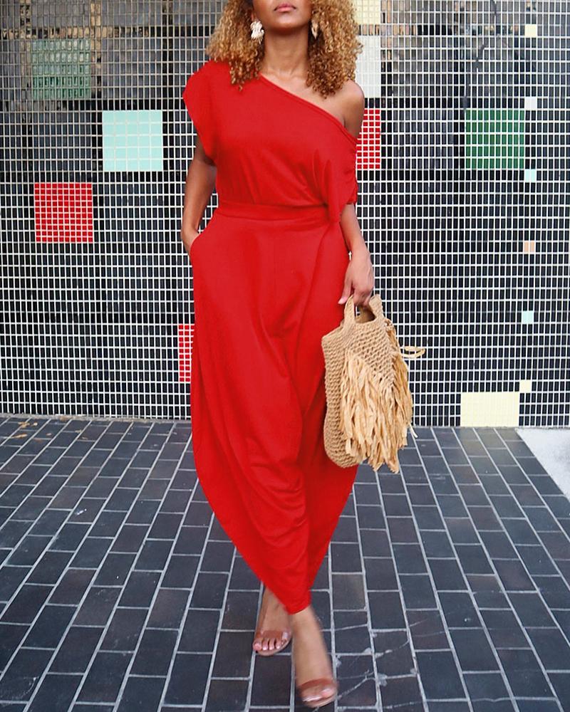 

Cold Shoulder Top & Harem Pocket Design Pants Set, Red