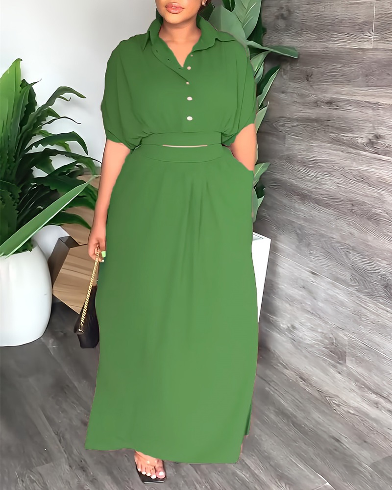 

Button Front Puff Sleeve Top & Slit Maxi Skirt Set, Green