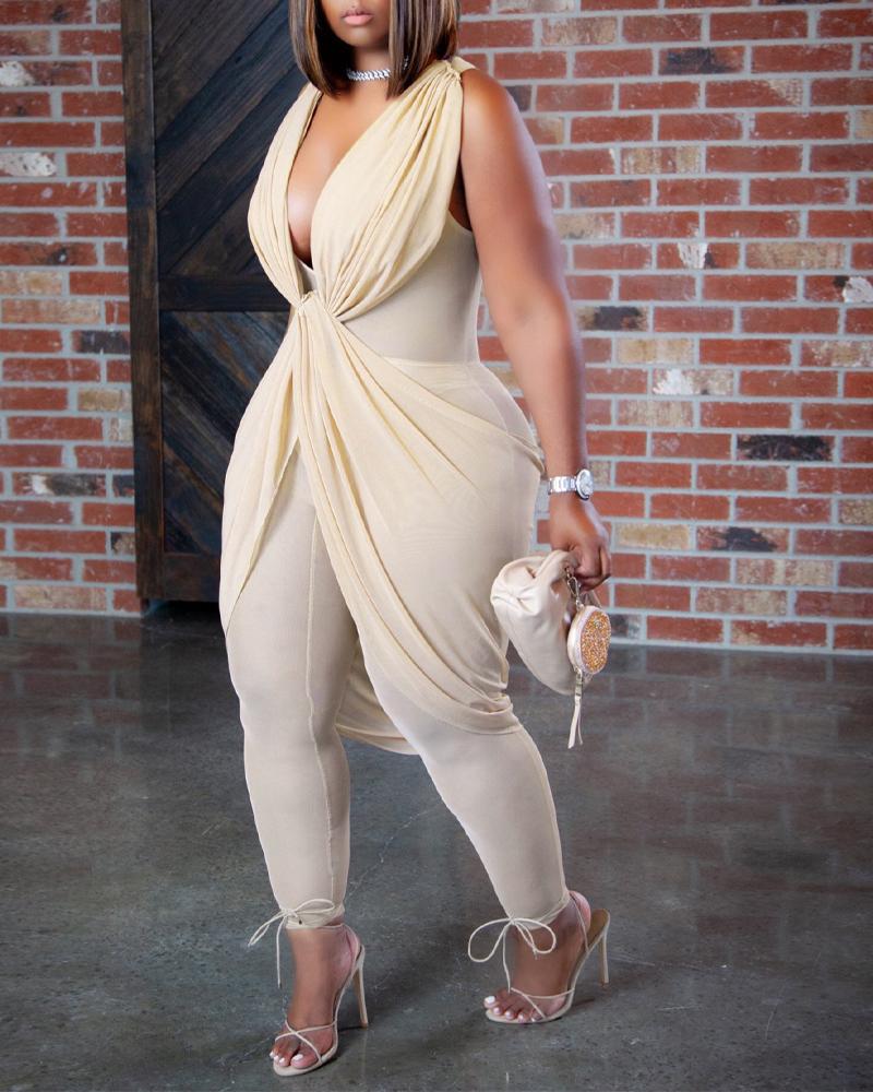 

Plus Size Plunging Neck Draped Sheer Mesh Jumpsuit, Apricot