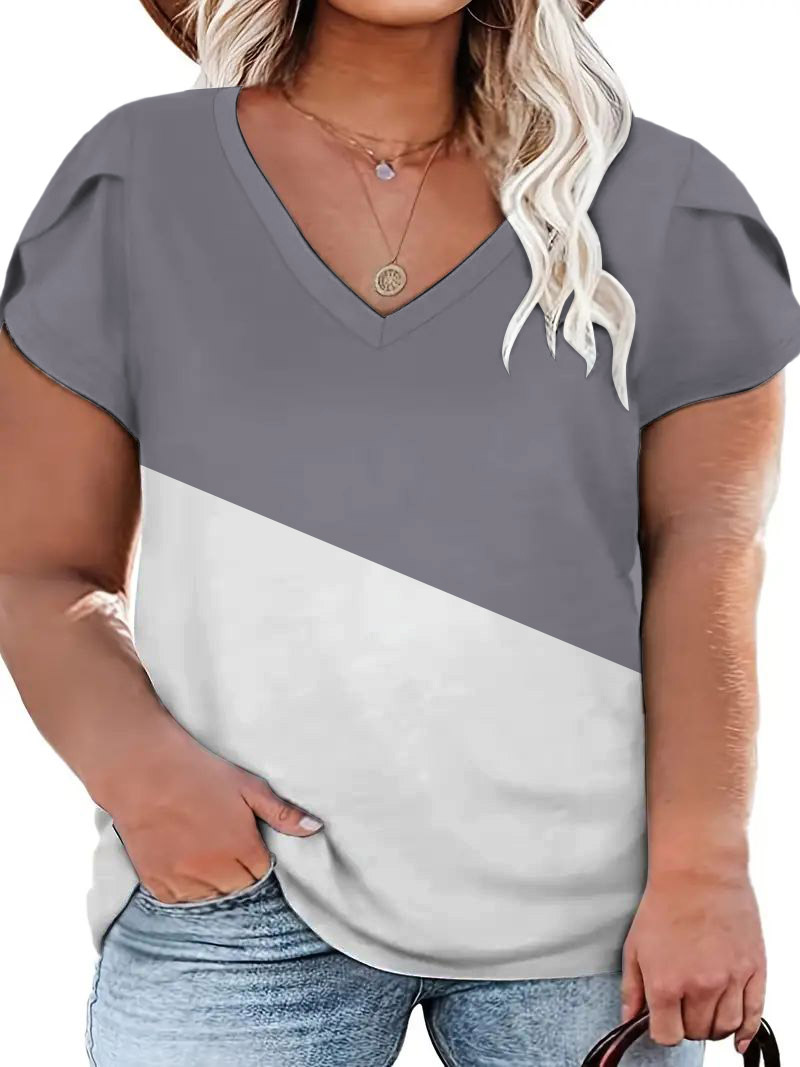 

Plus Size Colorblock Petal Sleeve V-Neck T-Shirt, Gray