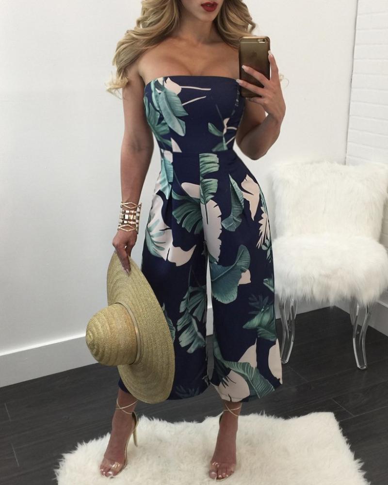 

Tropical Print Wide Leg Jumpsuit, Dark blue