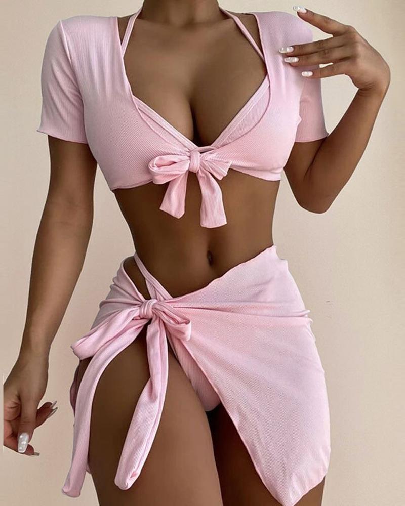 

4PCS Tied Detail Halter Bikini Set With Cover Up, Pink