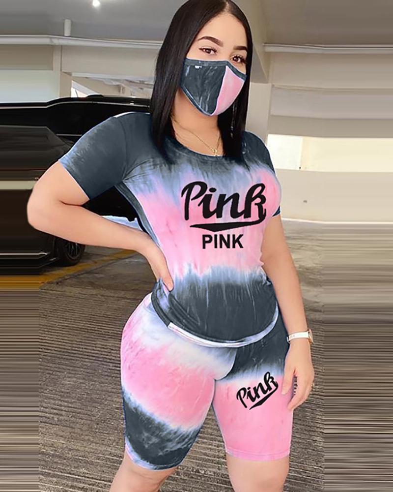

Tie Dye Letter Print Short Sleeve Top & Shorts Set With Face Mask, Gray