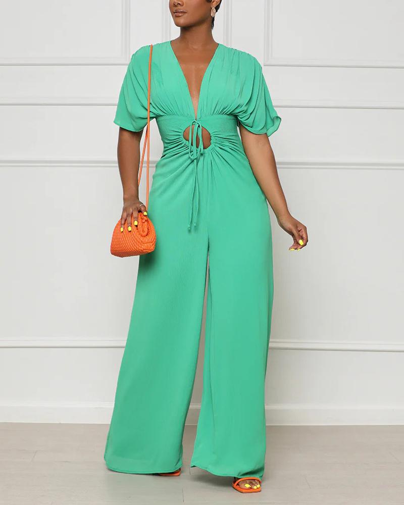 

Batwing Sleeve Drawstring Cutout Wide Leg Jumpsuit, Green