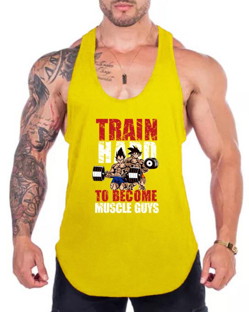 

Cartoon & Letter Print Sleeveless Sport Tank, Yellow