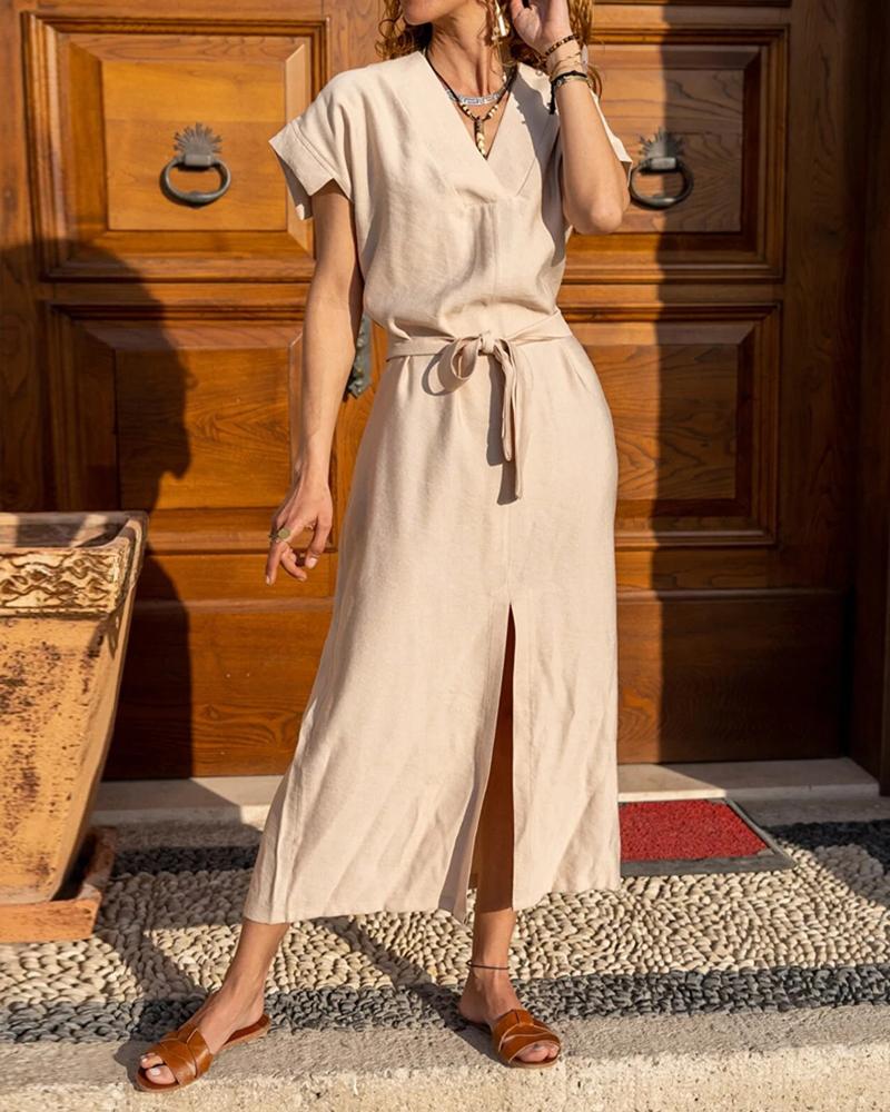 

V-Neck Tied Detail Slit Shirt Dress, Khaki