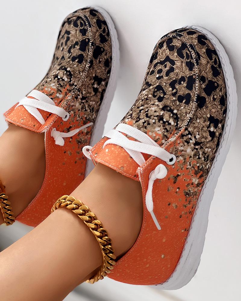 

Contrast Leopard Print Lace-up Slip-On Loafers, Orange