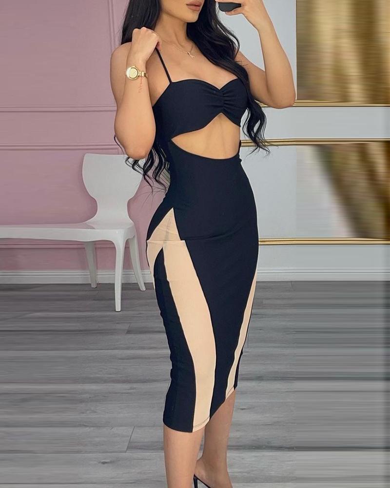 

Sleeveless Ruched Colorblcok Skinny Party Dress, Black